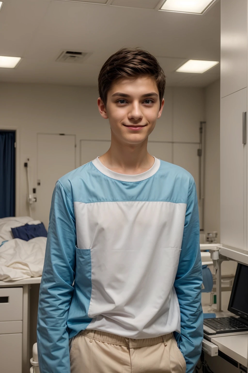 A beautiful young man, a cute male twink, with black hair, wearing a white long-sleeved shirt and aqua blue pants. He is in the surgical theater, and behind him are surgical medical instruments, devices, and medical monitors with anatomy of the brain, MRI, etc., and he looks on proudly, with a face with reddish makeup.