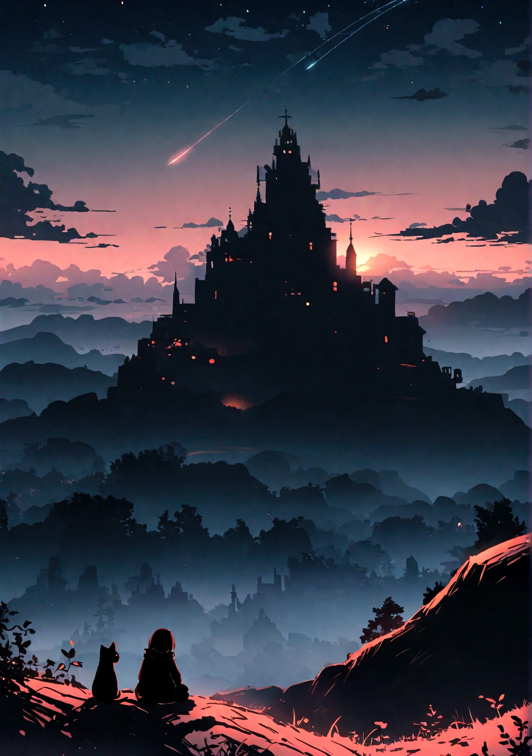（red tint、pink），Octane, null, performer(null), landscape, 幻想的な星null, night,（ One Girl,一匹のBlack cat、I&#39;ll be there for you：1.5），（I&#39;ll be there for you：1.3），Black cat，nightnull, solo, plein air, built, cloud, shooting star，Sit on, wood, Hair length, city, silhouette, 都city景観，From behind、Makoto Shinkai Style、