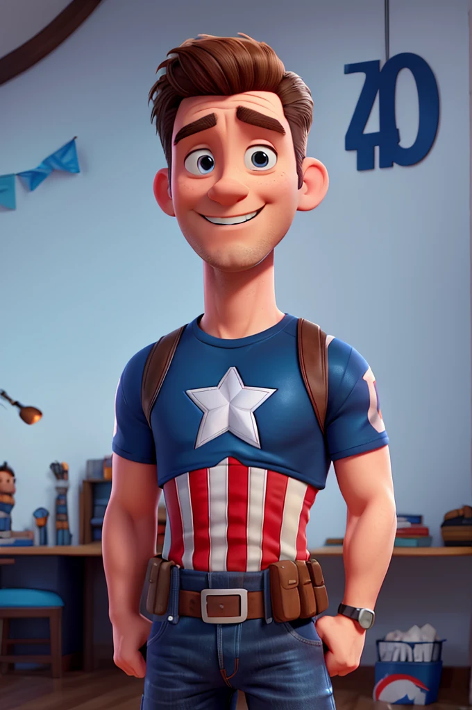white man, 40 years old, with poorly done goatee, short hair up, blue Captain America t-shirt, jeans, black sneakers with white stripe, High definition, Pixar 3D Style, with shy smile