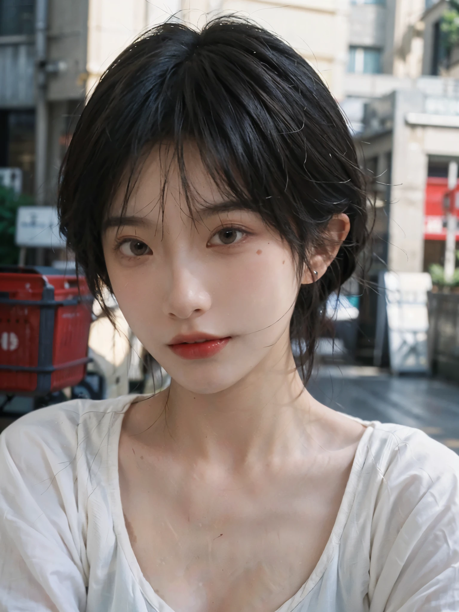 (smooth skin textures:1.3), Lipstick, Upper body,Upper Body,background, earrings, serene, calm, (Dress conservatively:1.6),(Realistic and detailed eyes:1.2), Natural skin texture, Realistic facial details, Soft dramatic lighting, Vivid details, outdoor, (Photo Practical:1.4), (hyper Practical:1.4), (Practical:1.3), (Improve lighting quality:0.9), (Highest quality real skin textures:1.4), (Enhance the beauty of skin texture:1.1), Hair details, model, short hair, Moles under the eyes, Portrait Photography, Depth of Field, Bokeh, Surrealism, Ray Tracing, (Portrait Photography:1.1), Surrealism, High Detail, Chiaroscuro, Ray Tracing, reflected light, Ultra HD, Ultra HD, masterpiece, Textured Skin, Super Detail, High Detail, high quality, best quality