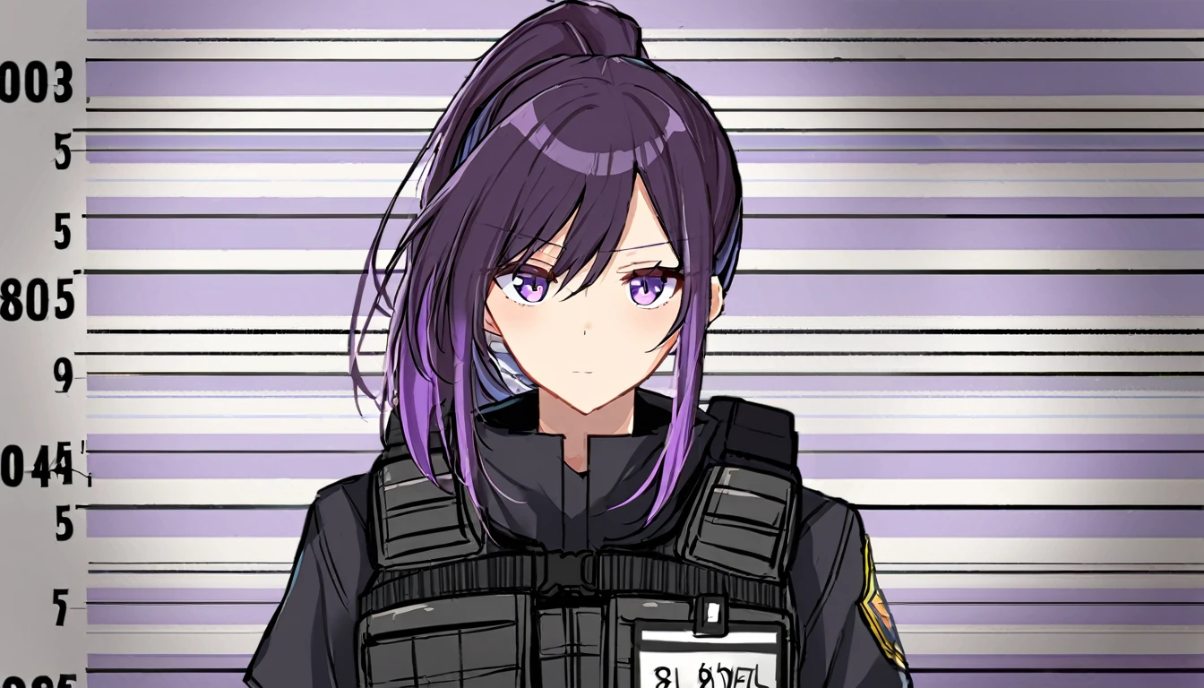 One girl, Dark hair with purple strands, Ponytail, purple eyes, black outfit,wearing bulletproof vest,background white, mugshot,id,id card, looking at camera.