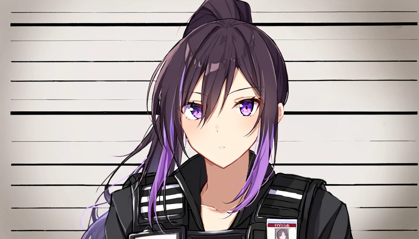 One girl, Dark hair with purple strands, Ponytail, purple eyes, black outfit,wearing bulletproof vest,background white, mugshot,id,id card, looking at camera.