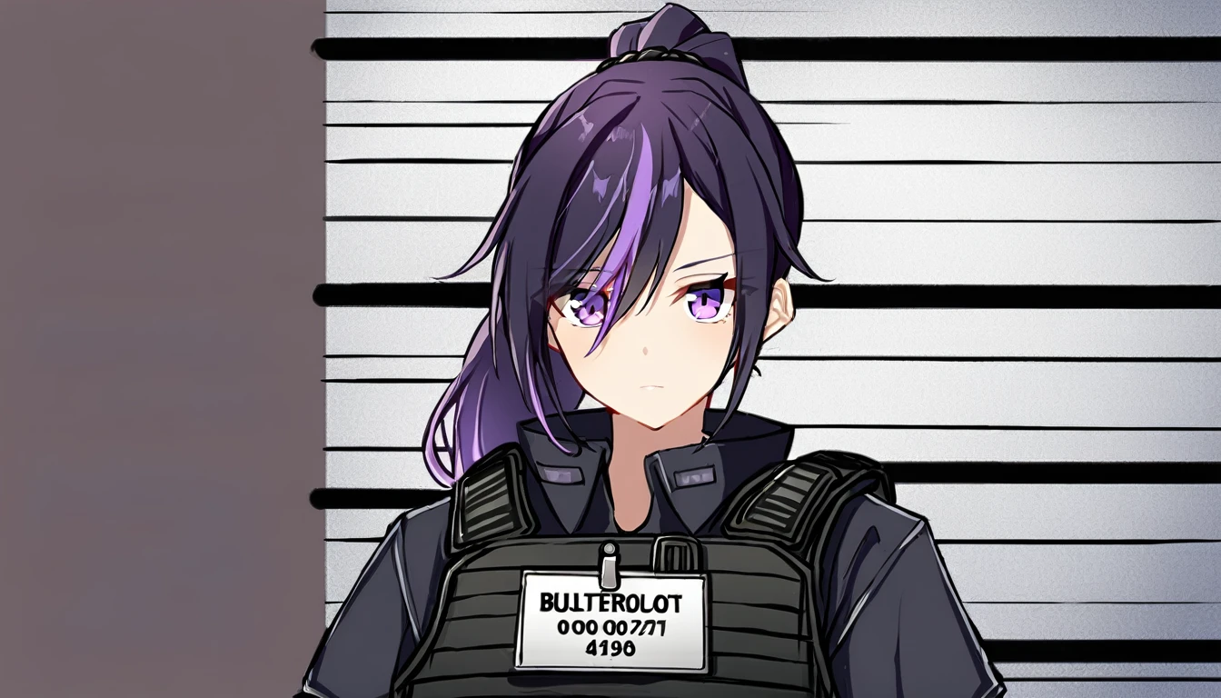 One girl, Dark hair with purple strands, Ponytail, purple eyes, black outfit,wearing bulletproof vest,background white, mugshot,id,id card, looking at camera.