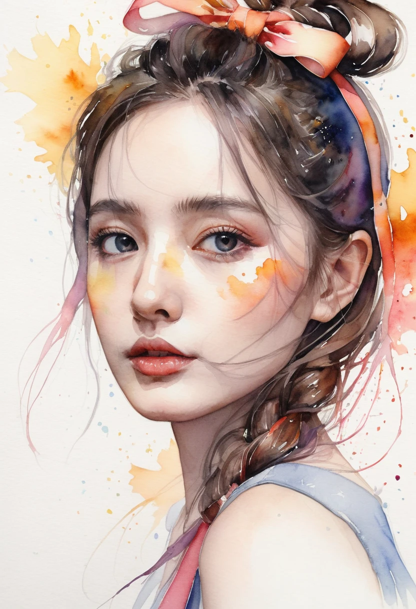 (8k, best quality, masterpiece:1.2),(best quality:1.0), (ultra highres:1.0), watercolor, a beautiful woman, shoulder, hair ribbons, by agnes cecile, half body portrait, extremely luminous bright design, pastel colors, (ink:1.3), autumn lights,