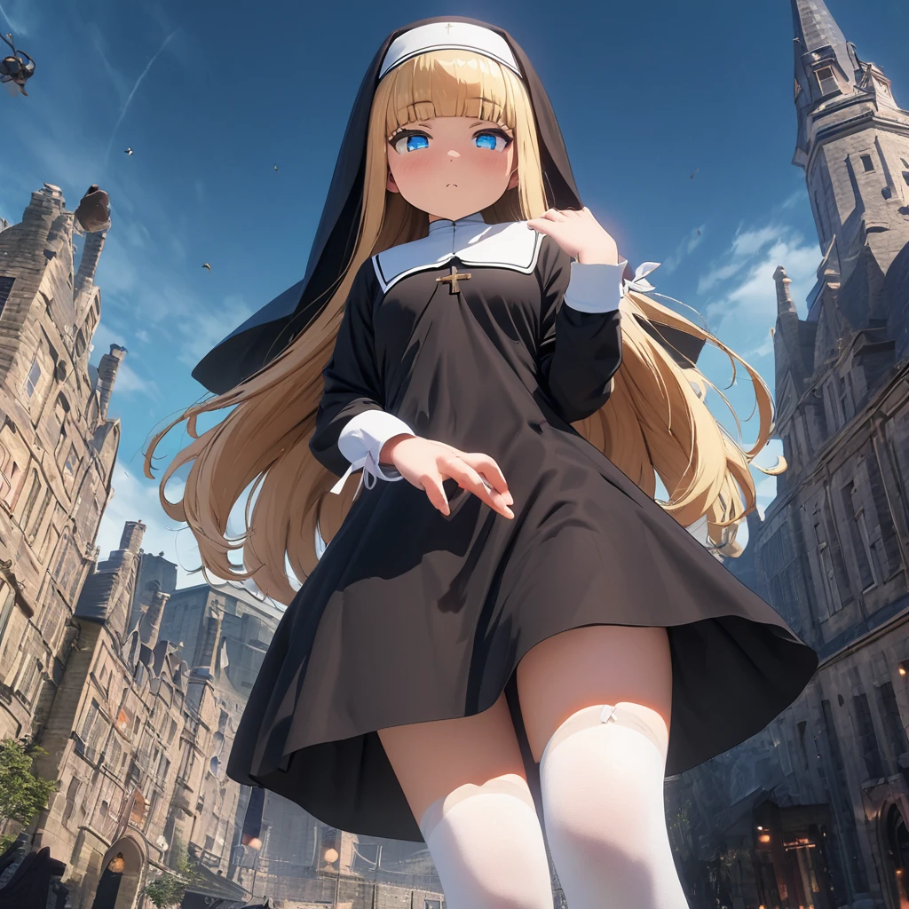 (Masterpiece, cute_cartoon_style, official art, octane-render):1.33, 1 nun girl, 18 yo, (standing speech platform, from below, aerial view), (Perfect Hands, riding a bloom), (busty, diffused natural skin glow),  (detailed blonde long hair, white ribbon, blunt bangs), (round blue eyes, moist eyes, stare eyes), (1 nun girl, in convent dress), cherubic face, sleepy, Eyebrows, White Stockings, bespectacled nun, thrusts her hand out, background Edinburgh_cityscape,