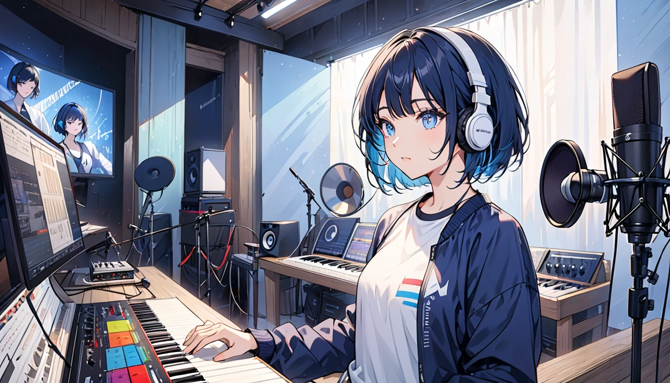 (masterpiece:1.2, best quality), a beautiful girl, Put on your headphones, Fit body, Bright eyes, Dark blue bob cut,Bangs , blue eyes,, alone, musician, music clothing, recording studio, create music, live performance, Collaborating with other musicians,