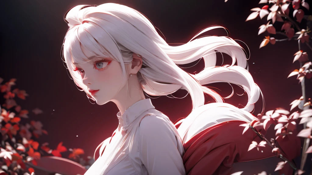 1 Girl, medium light white hair, light white eyes, wearing Red Suit 4D , night TOWN 18+, high res, ultrasharp, 8K, masterpiece, looking from behind