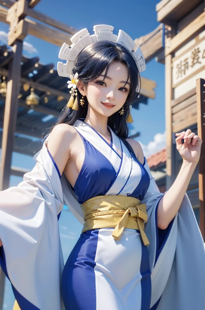 A beautiful smiling woman in a kimono greets people with a cheerful "Good morning" as her arms open under the blue sky