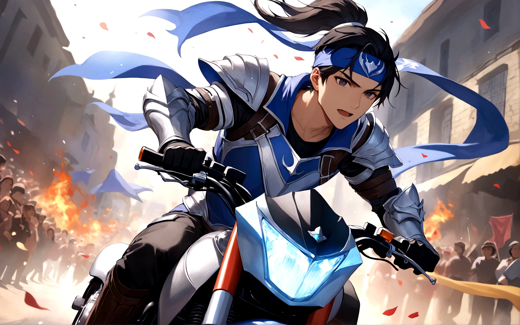 solo,Looking at the audience,Black hair,1boy,hold,Ponytail,arms,Male focus,holdarms,armor,Headband,Scapula,banner,Riding on a motorcycle,