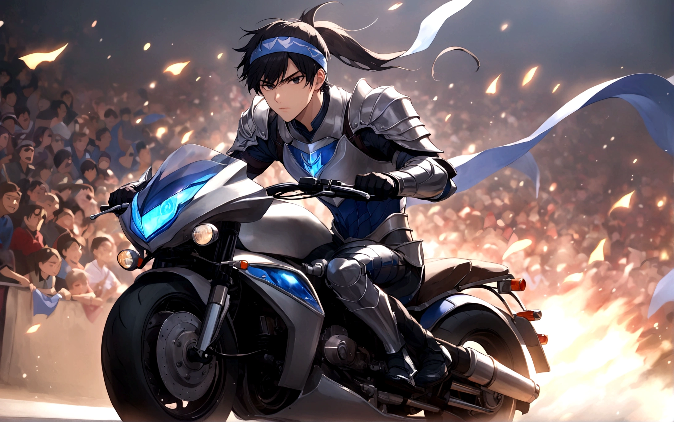 solo,Looking at the audience,Black hair,1boy,hold,Ponytail,arms,Male focus,holdarms,armor,Headband,Scapula,banner,Riding on a motorcycle,