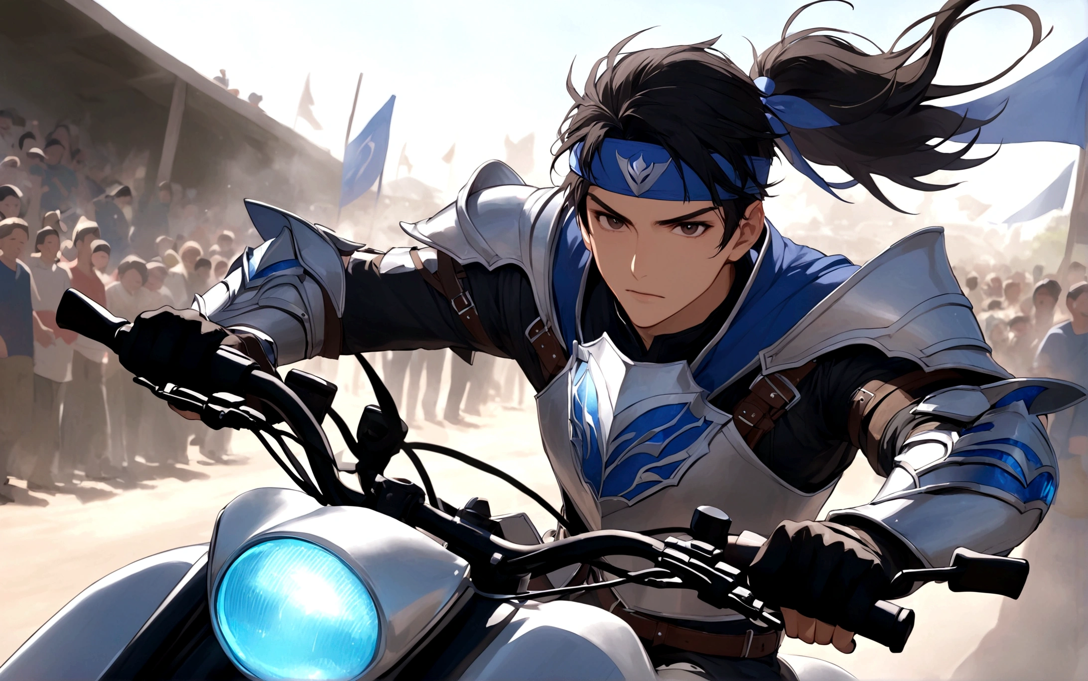 solo，Looking at the audience，Black hair，1boy，hold，Ponytail，arms，Male focus，holdarms，armor，Headband，Scapula，banner，Riding on a motorcycle，
