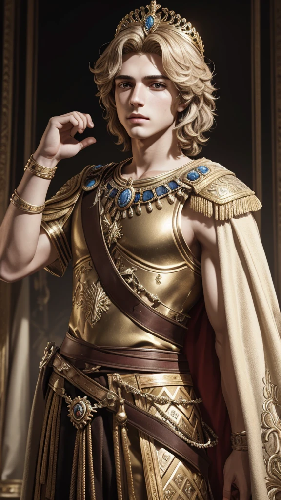 18 years old naked man with lion head on head as helmet. full figure. behind him is a black background with circle of the zodiac signs