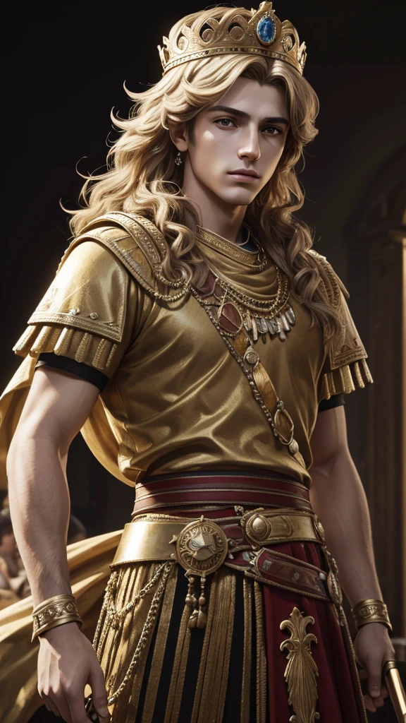 portrait of young alexander the great, crown, sceptre, powdered wig, antique background image, ultra realistic, unreal engine, hyper real, 4k ultra detailed, better hands, good hands