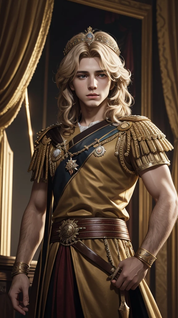 portrait of young alexander the great, crown, sceptre, powdered wig, antique background image, ultra realistic, unreal engine, hyper real, 4k ultra detailed, better hands, good hands