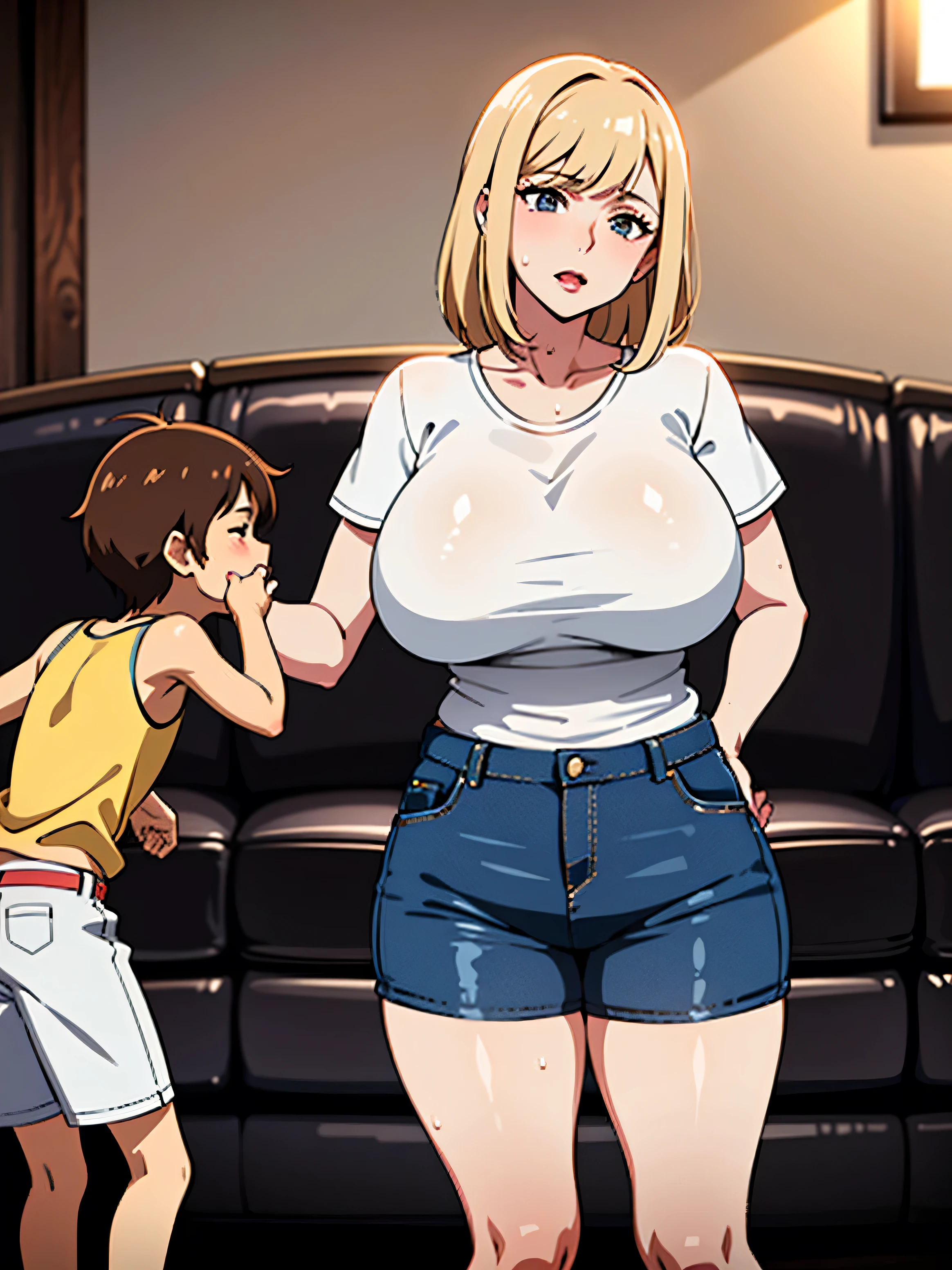 (1 son), (1 Mom), (Duet), A mother seduces her young son, European 40 year old milfs and their young son with blonde and brown hair, best quality:1.4), (Ultra-high resolution:1.2), (8K, RAW photos:1.2), Laurena Lexis, (1 Mom, 1 son), Moms showing off their curves, bend down, Wearing sexy clothes and shorts, and their young son, Clear eyes, A mother and her young son, ((French Kiss))