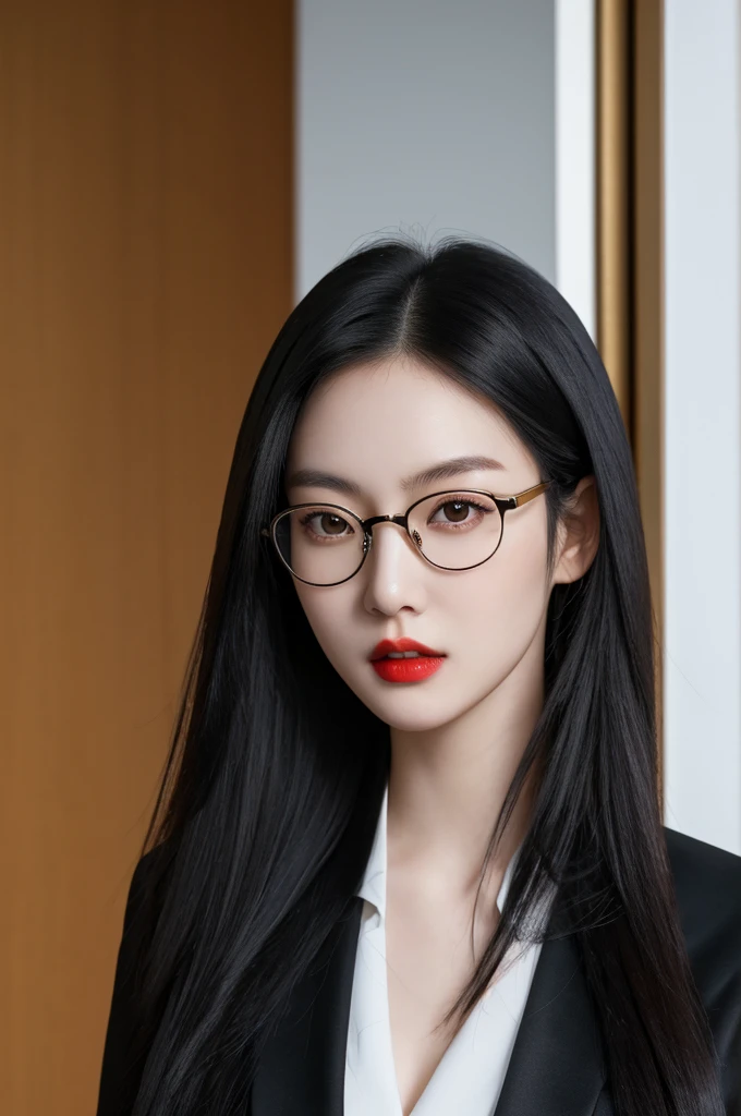 Close-up portrait of a young East Asian woman with long black hair and round gold-rimmed glasses. She is wearing a black suit jacket. Her expression is serious, looking directly at the camera. Pale skin with red lips. Background is blurred, suggesting an indoor setting. Soft, natural lighting. High-resolution, detailed image with sharp focus on the face