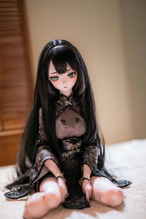 (SFW:2), photorealistic, realistic photo, ((highest quality)), ((masterpiece)), ((extremely detailed)), kukolnydom, doll, (mature woman:2), solo, ((from front, seiza, skinny, slender, slim, black kimono, obi, obidome, hair ornament)), green eyes, parted lips, (black hair, long hair, looking at another, almond eyes, blank eyes, empty eyes, detailed eyes, detailed clothes:1.3), Japanese room, 8k