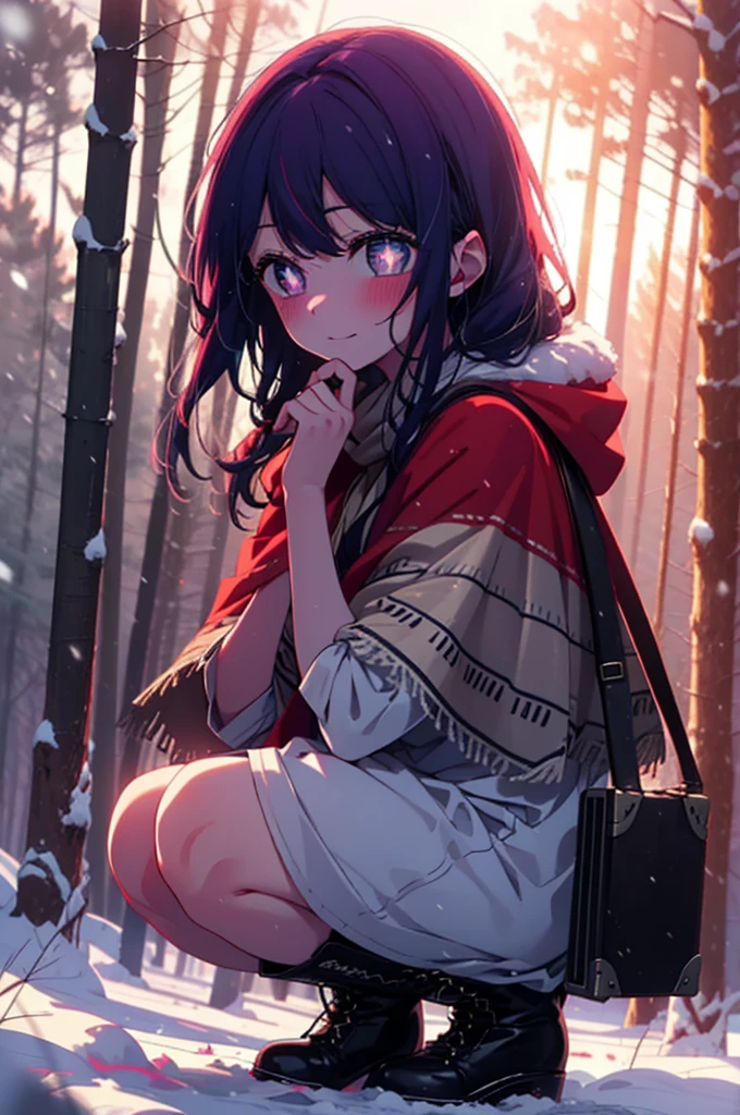 aihoshino, Ai Hoshino, Long Hair, bangs, (Purple eyes:1.1), Purple Hair, (Symbol-shaped pupil:1.5), smile,,smile,blush,White Breath,
Open your mouth,snow,Ground bonfire, Outdoor, boots, snowing, From the side, wood, suitcase, Cape, Blurred, , forest, White handbag, nature, Squat, Mouth closed, Cape, winter, Written boundary depth, Black shoes, red Cape break looking at viewer, Upper Body, whole body, break Outdoor, forest, nature, break (masterpiece:1.2), Highest quality, High resolution, unity 8k wallpaper, (shape:0.8), (Beautiful and beautiful eyes:1.6), Highly detailed face, Perfect lighting, Highly detailed CG, (Perfect hands, Perfect Anatomy),