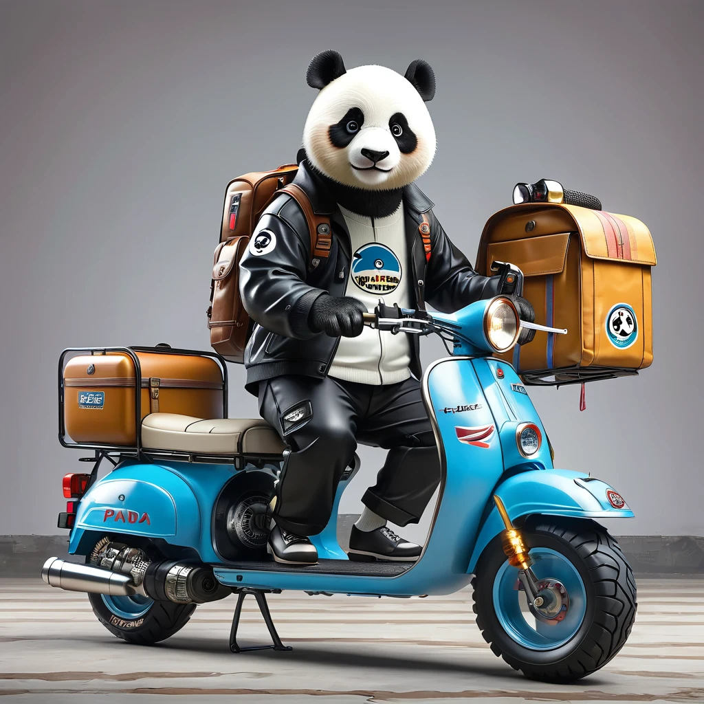 (masterpiece, best quality:1.2), Giant Panda Courier,helmet,Work clothes,Riding a moped, Highly detailed、Ultra-realistic retro,Big tires, Solitary