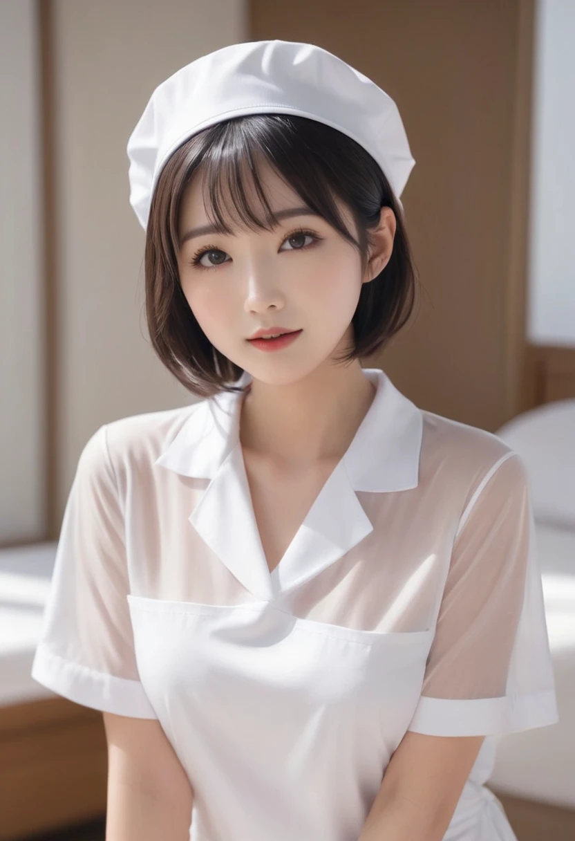 (highest quality、8K、32k、masterpiece、UHD:1.2)、photo of cute japanese woman、1 girl、(dark brown medium short hair)、(huge tit)、double eyelid、Take off your white nurse uniform、little white nurse (cap) 、White sheer underwear、full body esbian、Sexy