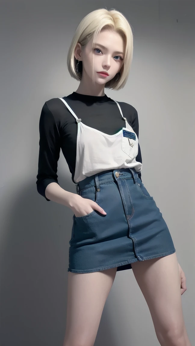 Android 18, Blonde hair, blue eyes, eyelash, earrings, short hair, earrings带, Black socks, Black shirt, 胸前的pocket, Clive Arch, clavicle, denim, denim skirt, High waist skirt, Jewelry, Long sleeve, pocket, shirt, shirt tucked in, skirt, stripe, stripe袖子, Vest,