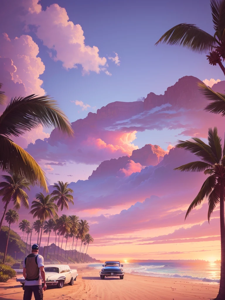 gta 6 landscape, gta vi style, gta6 art, beach, lowrider car