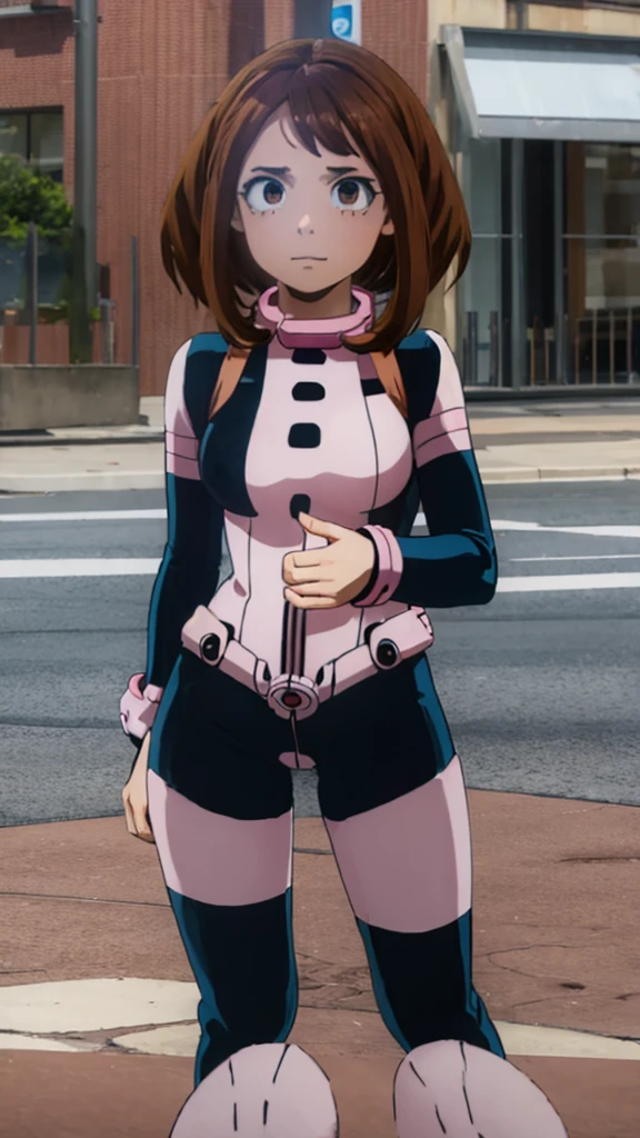 ochakouraraka, ochako uraraka, (uraraka ochako:1.5), (brown eyes:1.5), brown hair, short hair, blush, blush stickers, smile,
BREAK (bodysuit:1.5), skin tight, superhero,
BREAK outdoors, city,
BREAK looking at viewer, standing, idle, hand on hip
BREAK (masterpiece:1.2), best quality, high resolution, unity 8k wallpaper, (illustration:0.8), (beautiful detailed eyes:1.6), extremely detailed face, perfect lighting, extremely detailed CG, (perfect hands, perfect anatomy),
