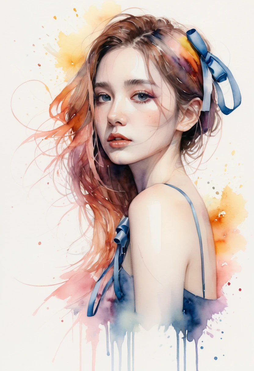 (8k, best quality, masterpiece:1.2),(best quality:1.0), (ultra highres:1.0), watercolor, a beautiful woman, shoulder, hair ribbons, by agnes cecile, half body portrait, extremely luminous bright design, pastel colors, (ink:1.3), autumn lights,
