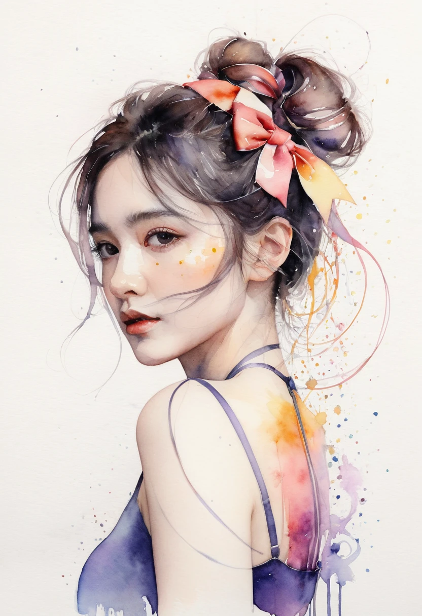 (8k, best quality, masterpiece:1.2),(best quality:1.0), (ultra highres:1.0), watercolor, a beautiful woman, shoulder, hair ribbons, by agnes cecile, half body portrait, extremely luminous bright design, pastel colors, (ink:1.3), autumn lights,
