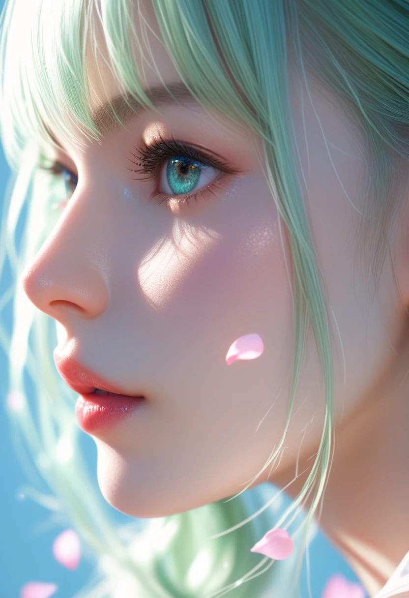 score_9, score_8_above, score_7_above, Profile photo of the girl, long light green hair with bangs, light blue petals on the cheeks, realistic skin texture, detailed image, close-above, HD32k