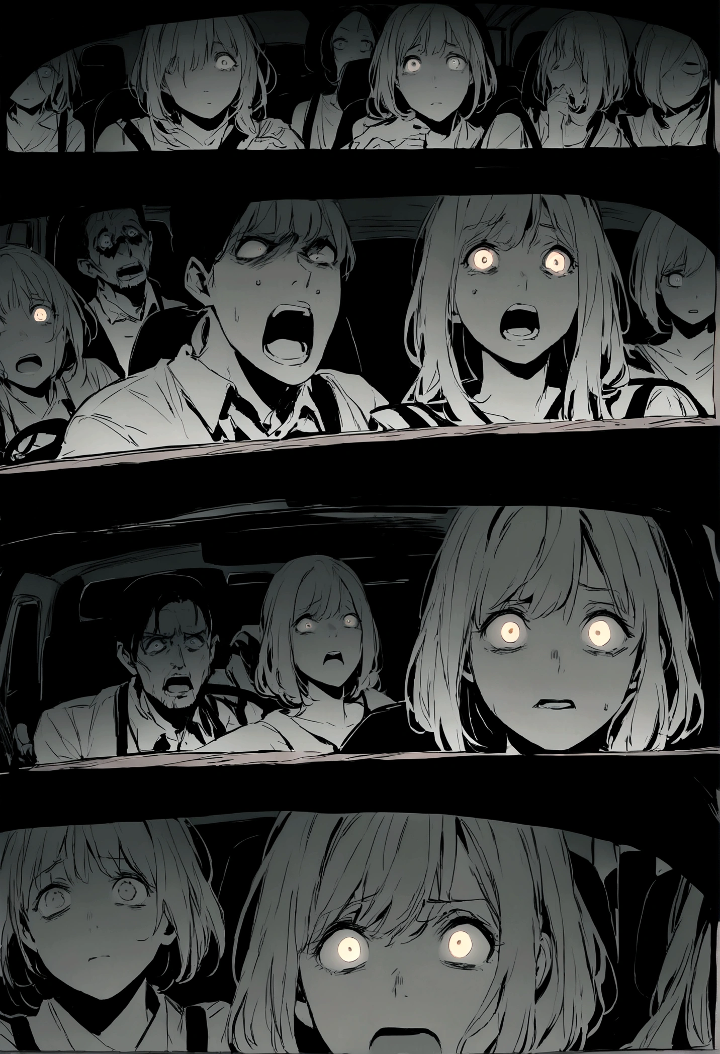 Create an image of a desperate couple inside a car, driving on a dark, deserted road at night. The scene is reminiscent of a horror movie. The couple's faces are illuminated by the car's dashboard lights, showing expressions of fear and desperation. The man is gripping the steering wheel tightly, eyes wide with terror, while the woman clutches his arm, looking over her shoulder at something unseen. The road ahead is barely visible, surrounded by dense, shadowy trees. The car's headlights cast a narrow beam of light, barely piercing the darkness. The overall atmosphere is tense and eerie, capturing the terror and urgency of their escape.
