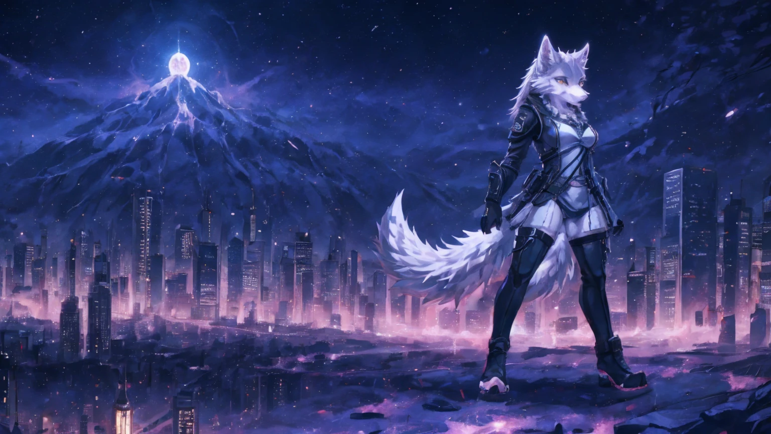 anime girl,tennage girl 18 years old, anime style, white wolf in dark aura, dark natasha art, city landscape, full body high definition in details the best image quality, add_detail:1 white wolf in dark aura add_detail:1