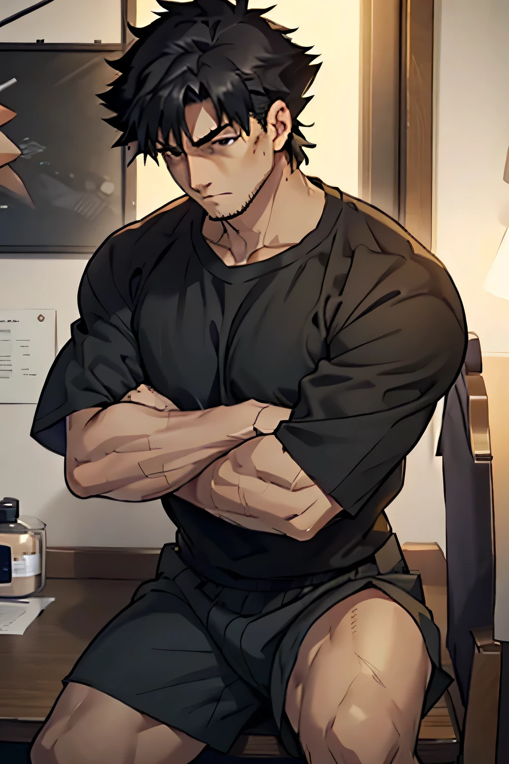 Kiritsugu is sitting and flexing his thighs. He wears black short boxershorts. You can see his thighs completely. He is wearing a black tshirt with short sleeves. His sleeve is rolled up completely, so you can see his entire arm and shoulder. He is admiring his arms. He has a huge bulge. You can see his abs too. His tshirt is rolled up so you can see his chest and abs.