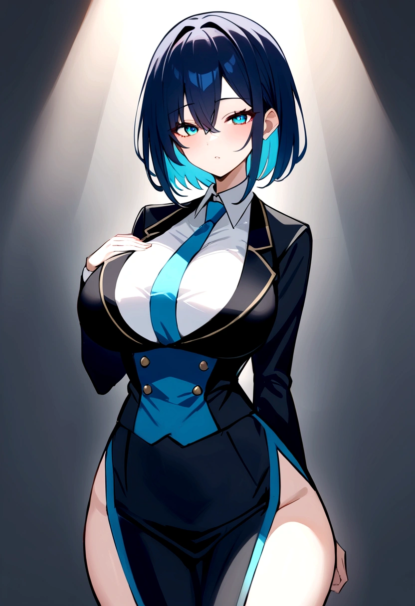 My name is Akari., I am a white test woman with long dark blue hair , turquoise eye color . I am 1.62 cm tall and weigh 47 kg. My breasts measure 126 cm, my waist 40 cm and my hips 240 cm. Dressed in a lawyer's outfit . With big breasts 126 cm