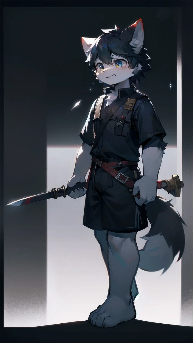 White Wolf,black hair,Sky blue eyes,hairy,Wolf ears,Wolf tail,Full body portrait,The character is in the center of the frame,Handsome,Confident eyes,male,juvenile,Black and white combat uniform,Red neck bib,Black shorts,Short sleeve,hairy arms and legs,Dark background,Dark battlefield,dawn,sunrise,dawn,illumination,shadow,Swordsman,Scabbard and sword,Hold the hilt of a sword in your hand,The scabbard is at the waist,Highest quality