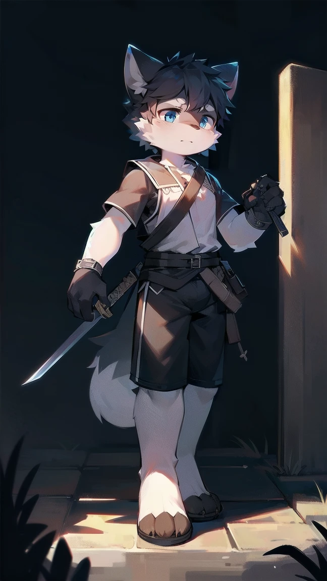 White Wolf，black hair，Sky blue eyes，hairy，Wolf ears，Wolf tail，Full body portrait，The character is in the center of the frame，Handsome，Confident eyes，male，juvenile，Black and white combat uniform，Red neck bib，Black shorts，Short sleeve，hairy arms and legs，Dark background，Dark battlefield，dawn，sunrise，dawn，illumination，shadow，Swordsman，Scabbard and sword，Hold the hilt of a sword in your hand，The scabbard is at the waist，Highest quality