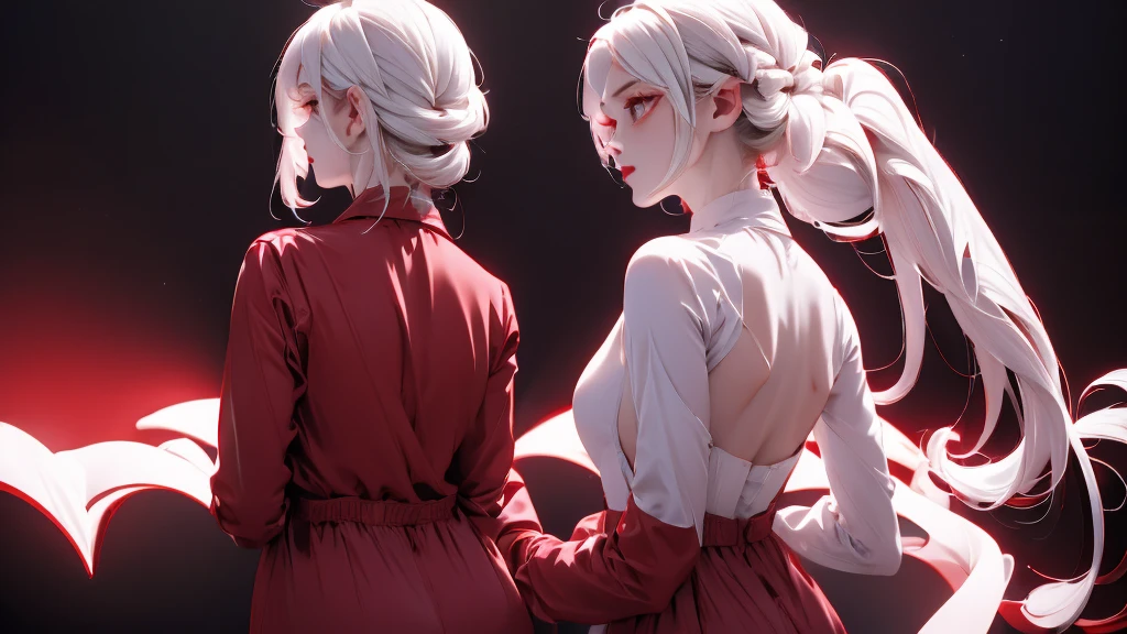 1 Girl, medium light white hair, light white eyes, wearing Red Suit 4D , night TOWN 18+, high res, ultrasharp, 8K, masterpiece, looking from behind