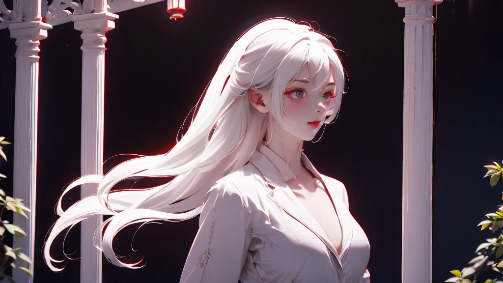 1 Girl, medium light white hair, light white eyes, wearing Red Suit 4D , night TOWN 18+, high res, ultrasharp, 8K, masterpiece, looking from behind