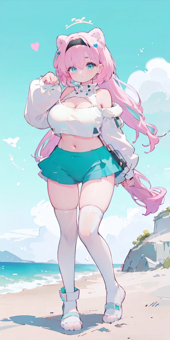 (One girl),Full Body Lesbian，

Pink Hair,Bright Blue Eyes,Aqua gradient eyes,

 Cameltoe,
 between legs, Buttocks visible from thighs BREAK (PAW Pose:1.2), 

Big Breasts，Cropped shoulders，White knee-length stockings，****ta Skirt，High Ponytail