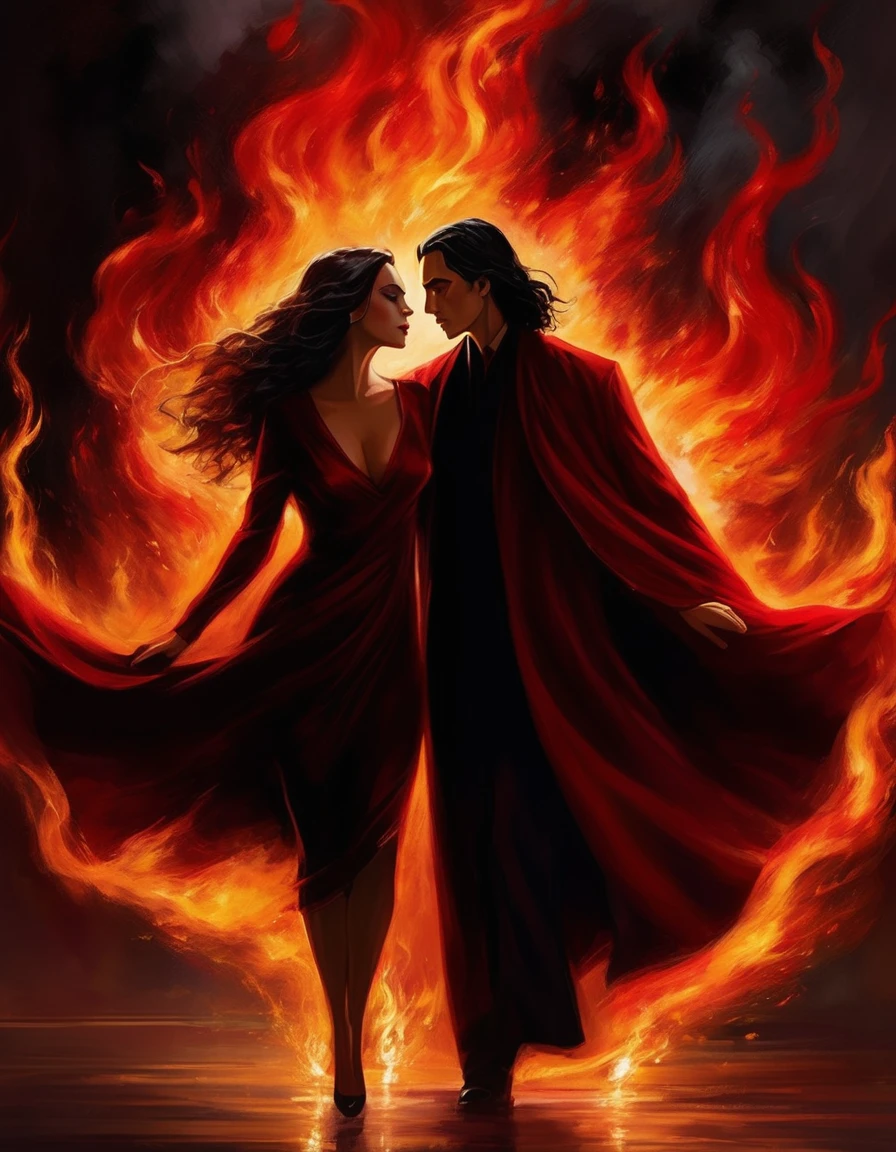 Scene: Create an image of two people in love in a setting of mystery and passion. - Woman's Appearance: - Resembles Beyoncé - Brown skin - Long, golden blonde curly hair - Confident and seductive expression - Wearing a red dress, elegant and form-fitting - Lips painted a deep, intense red - Man's Appearance: - Resembles Severus Snape  - Pale skin - Large nose - Black, straight hair falling around his face in a somber manner - Serious and intense expression - Wearing a black cloak, contrasting with the flames around them - Atmosphere: - Surrounded by flames, creating a mystical and fiery ambiance - Soft lighting highlighting their faces, enhancing the sparkle in their eyes - Flames adding an element of intensity and mystery to the scene - They are close to each other, gazing intensely into each other's eyes, exuding a strong emotional connection