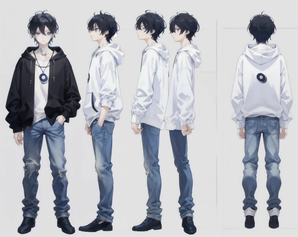 (masterpiece, best quality), chara-sheet, 1boy,, black hair, light blue eyes, blue and white hoodie, yin yang necklace, black jean, blue shoes, (simple backgound),