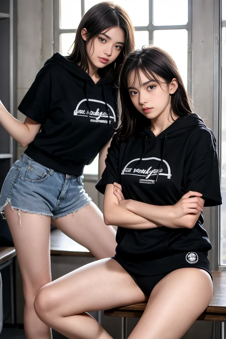 deux femmes ensemble de 18 ans sexy et mince , black short sleeve hoodie , salle de classe, se touche,position sey,sensuel