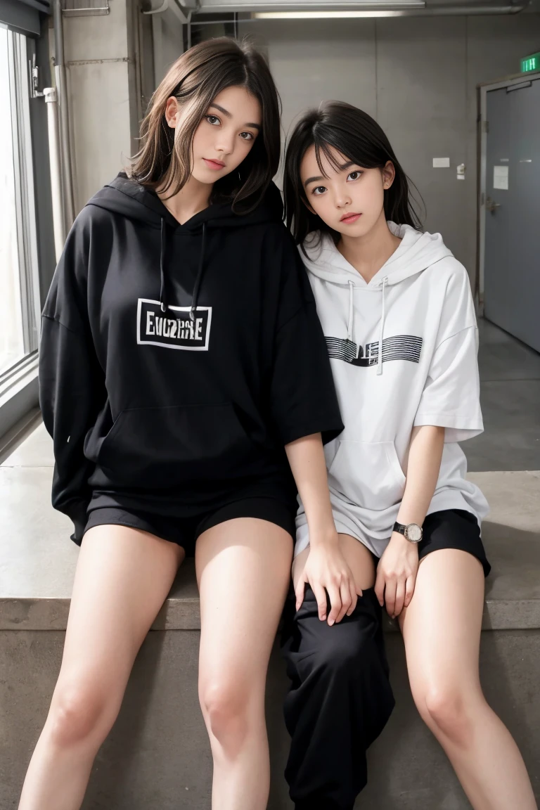 deux femmes ensemble de 18 ans sexy et mince , black short sleeve hoodie , salle de classe, se touche,position sey,sensuel