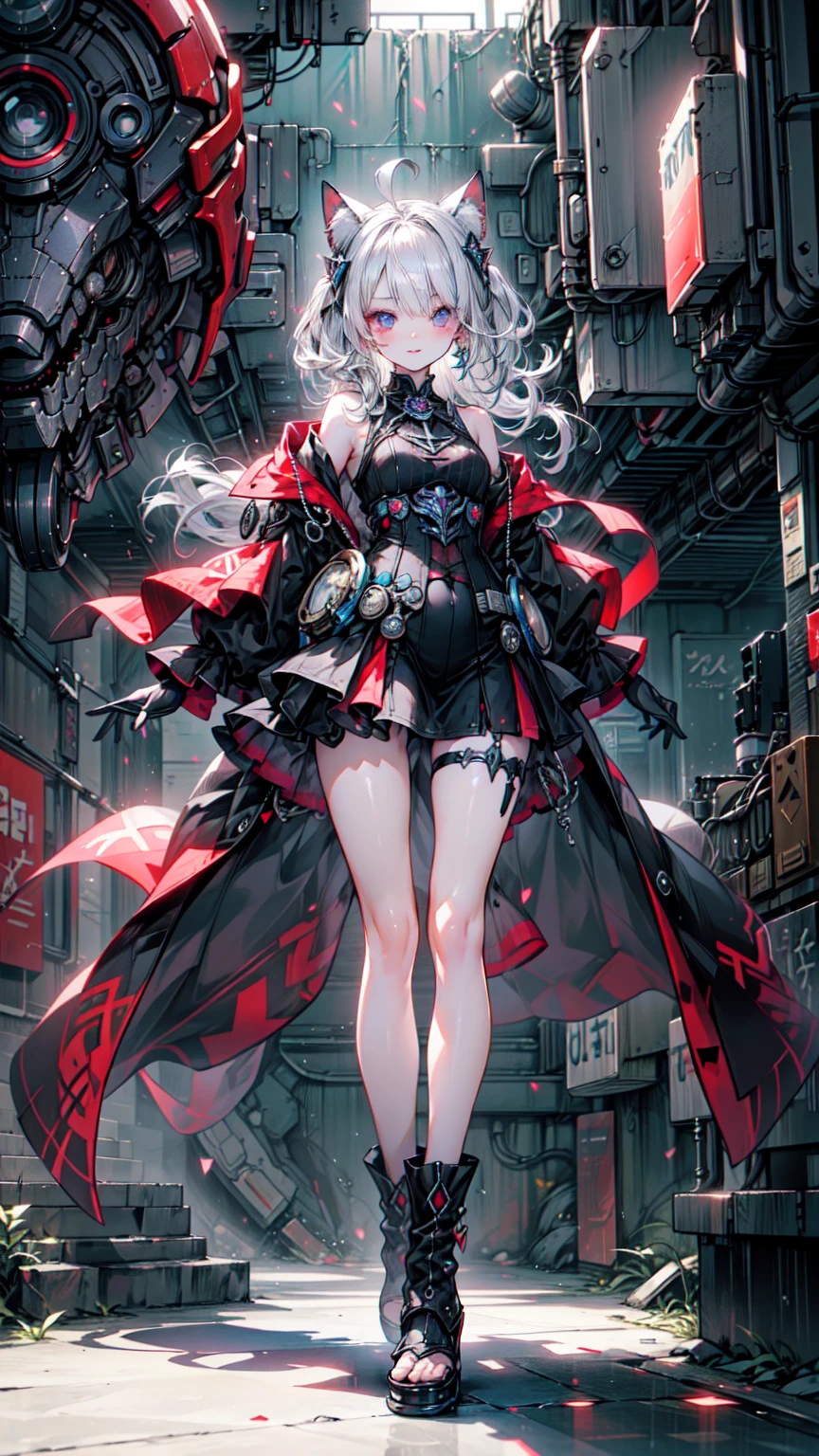 (((masterpiece, Highest quality, Very detailed))), ((Ultra-Photorealistic 3D)), Cyborg girl with complex machine, skeleton, Dynamic combat action poses, Off-the-shoulder fashion that fuses steampunk and gothic ta with attention to detail, Exquisite steampunk headgear, very thin and long legs, Complex mechanical boots that reach above the knee, Fluttering lace flared mini skirt, 上を向いた美しいsmall胸, A fairly long vertical curve, (((( Very detailedな顔))), small, Thin Nose, small, Thin lips, (((Extremely sharply focused eyes))), Her very large slit, Her precise pale grey eyes sparkle like jewels... 非常に長いeyelash, Silver hair swaying in the wind, Mandala pattern emits shining light, Many neon lights intersect and scatter, Extremely complex giant mechanical weapon, Complex machine factory goes up in flames, Very dark night background, Very dramatic and cinematic lighting, (((Dramatically improved overall accuracy, creating a Very detailed and realistic image))), High resolution (High Dynamic Range), Ray Tracing, NVIDIA, Super Resolution, Unreal 5, Scattered under the surface, PBR Texturing, Post-processing, Anisotropic Filtering, Written boundary depth, Maximum clarity and sharpness, Multilayer Texture, Albedo and Specular Maps, Surface Shading, Accurate simulation of light-matter interactions, Perfect balance, Octane Rendering, Two-tone lighting, wide aperture, Low ISO, White balance, Three-part method, 16K RAW, Blake、（Dark Elf), (1 Girl), alone, Perfect Face, Get used to it, Ahoge, ((Long Hair:1.2)), (Hair above one eye:1.3), [[Messy Hair]], Shiny blonde white hair, Purple eyes, Variegated eyes, Colorful Hair, Shining Eyes, (eyelash, eye shadow, pink eye shadow), bright, smile, Design Art：Haruhiko Mikimoto, by Kawashi, By Yoshitaka Amano