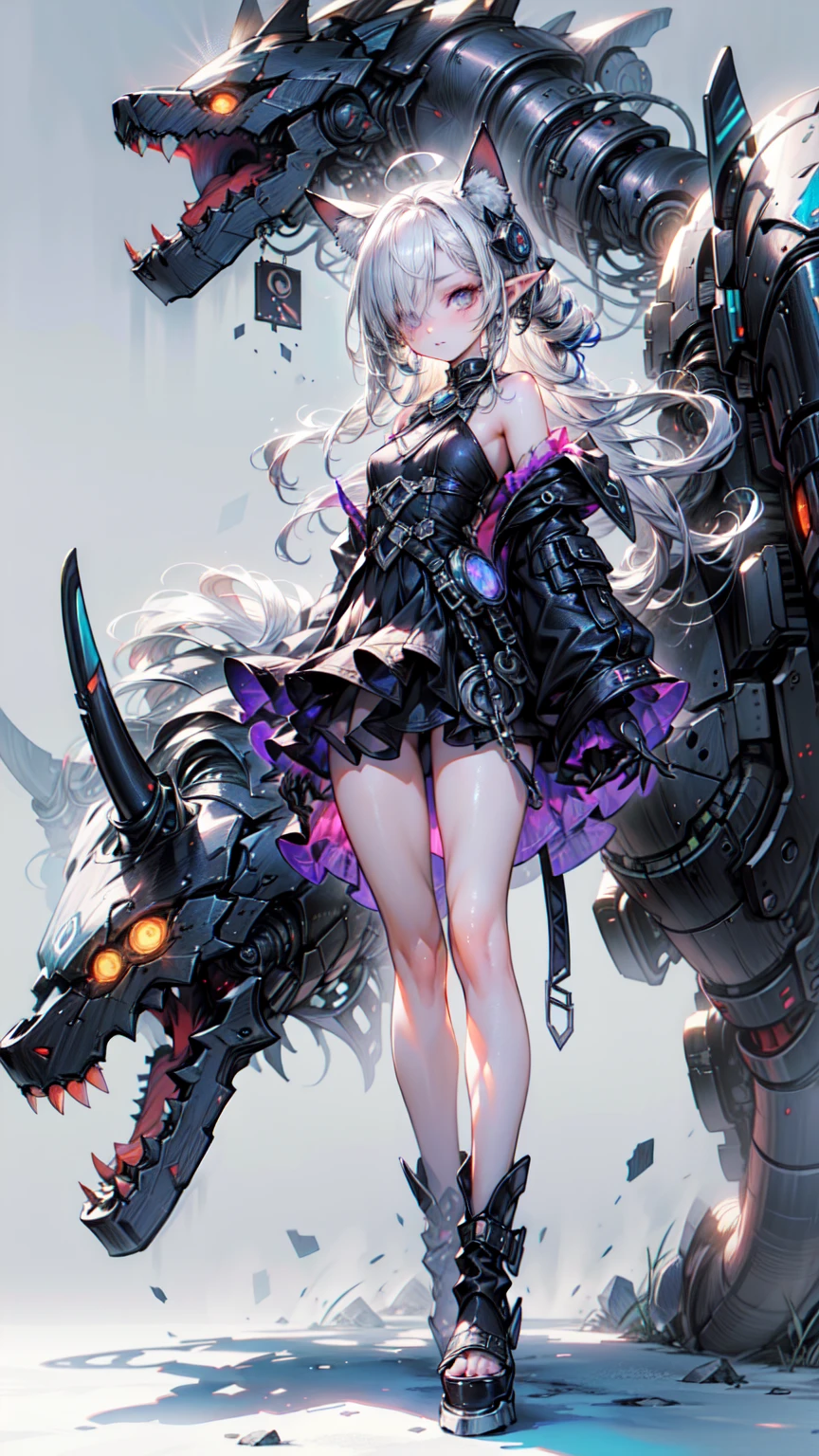 (((masterpiece, Highest quality, Very detailed))), ((Ultra-Photorealistic 3D)), Cyborg girl with complex machine, skeleton, Dynamic combat action poses, Off-the-shoulder fashion that fuses steampunk and gothic lolita with attention to detail, Exquisite steampunk headgear, very thin and long legs, Complex mechanical boots that reach above the knee, Fluttering lace flared mini skirt, 上を向いた美しいsmall胸, A fairly long vertical curve, (((( Very detailedな顔))), small, Thin Nose, small, Thin lips, (((Extremely sharply focused eyes))), Her very large slit, Her precise pale grey eyes sparkle like jewels... 非常に長いeyelash, Silver hair swaying in the wind, Mandala pattern emits shining light, Many neon lights intersect and scatter, Extremely complex giant mechanical weapon, Complex machine factory goes up in flames, Very dark night background, Very dramatic and cinematic lighting, (((Dramatically improved overall accuracy, creating a Very detailed and realistic image))), High resolution (High Dynamic Range), Ray Tracing, NVIDIA, Super Resolution, Unreal 5, Scattered under the surface, PBR Texturing, Post-processing, Anisotropic Filtering, Written boundary depth, Maximum clarity and sharpness, Multilayer Texture, Albedo and Specular Maps, Surface Shading, Accurate simulation of light-matter interactions, Perfect balance, Octane Rendering, Two-tone lighting, wide aperture, Low ISO, White balance, Three-part method, 16K RAW, Blake、（Dark Elf), (1 Girl), alone, Perfect Face, Get used to it, Ahoge, ((Long Hair:1.2)), (Hair above one eye:1.3), [[Messy Hair]], Shiny blonde white hair, Purple eyes, Variegated eyes, Colorful Hair, Shining Eyes, (eyelash, eye shadow, pink eye shadow), bright, smile, Design Art：Haruhiko Mikimoto, by Kawashi, By Yoshitaka Amano