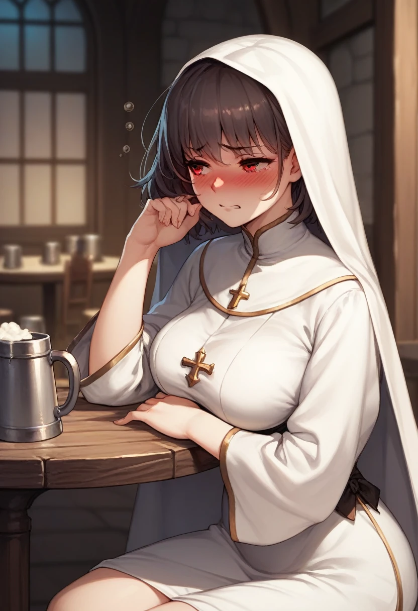 Adult female, average Height, very short brown nair, red eyes, cleric, black on white cleric robes, blushing, tsundere, sad, drunk, drinking from tankard, sitting, fantasy tavern, highly detailed, good detail, best detail, high quality, perfect eyes, looking away, perfect face, no hat, no headress