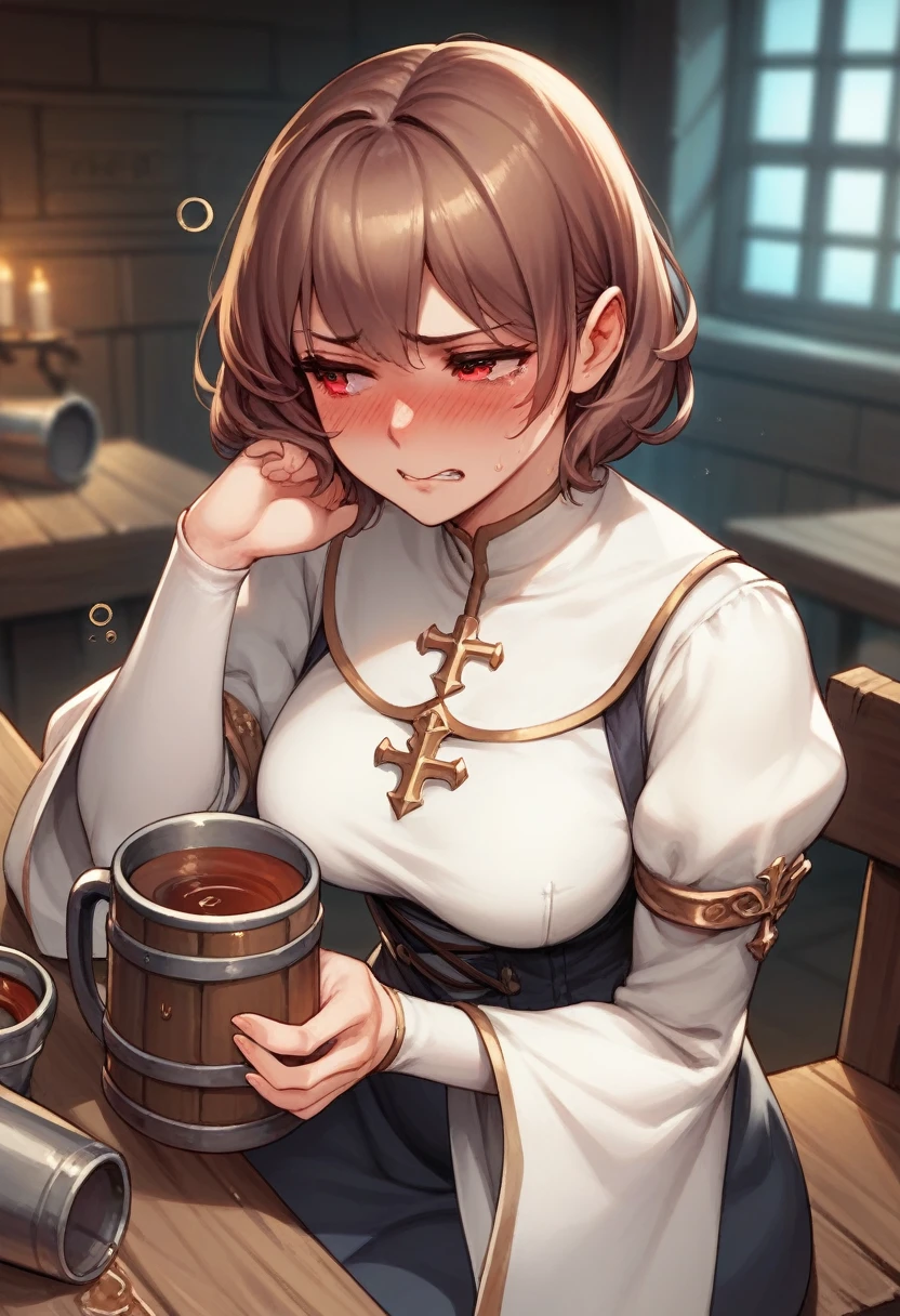 Adult female, average Height, very short brown nair, red eyes, cleric, black on white cleric robes, blushing, tsundere, sad, drunk, drinking from tankard, sitting, fantasy tavern, highly detailed, good detail, best detail, high quality, perfect eyes, looking away, perfect face, no hat, no headress