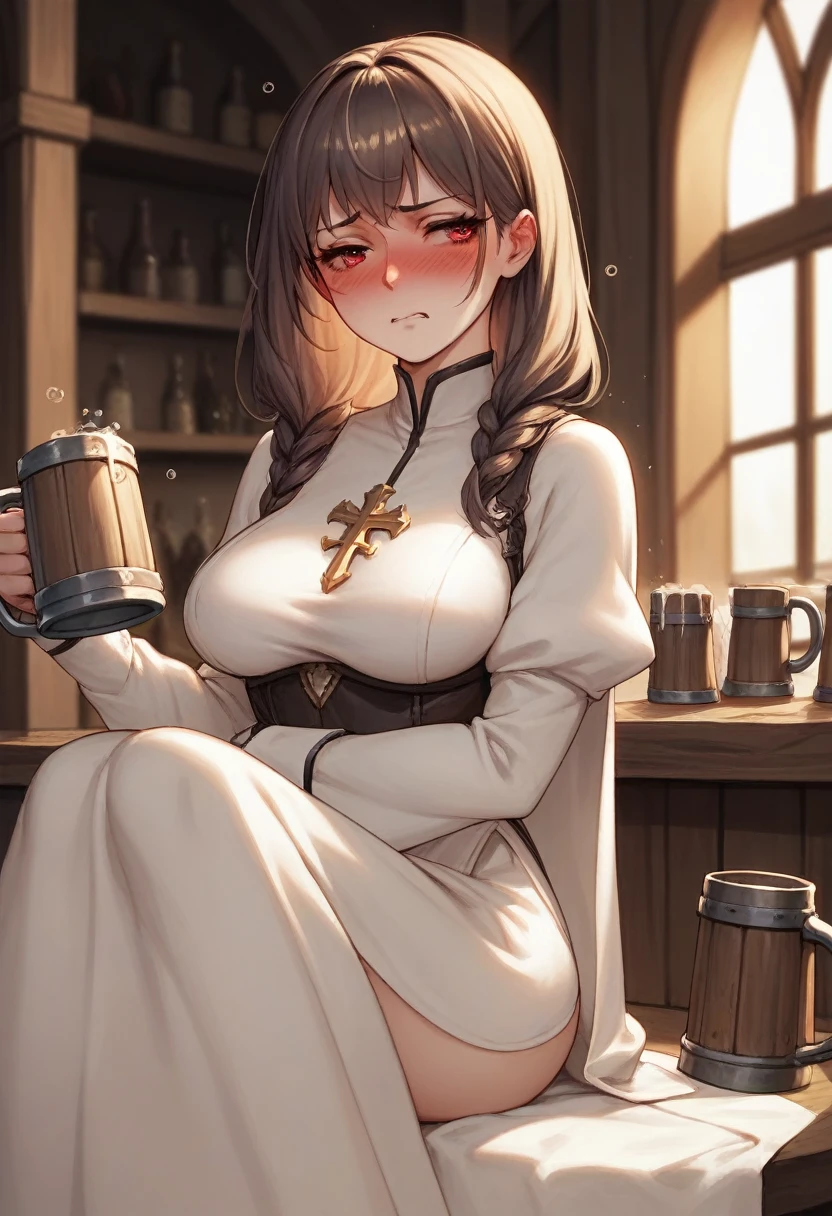 Adult female, average Height, very short brown nair, red eyes, cleric, black on white cleric robes, blushing, tsundere, sad, drunk, drinking from tankard, sitting, fantasy tavern, highly detailed, good detail, best detail, high quality, perfect eyes, looking away, perfect face, no hat, no headress
