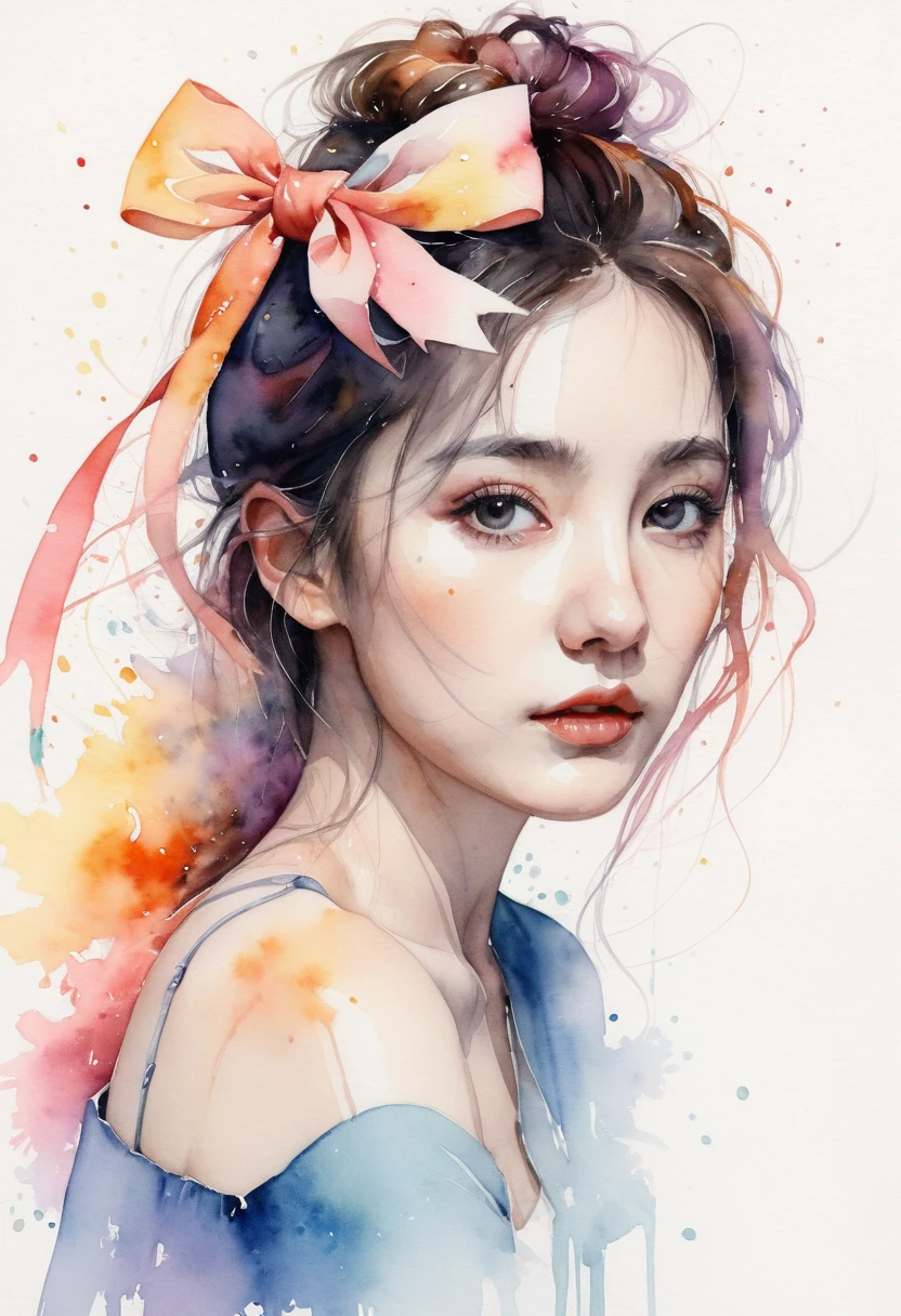 (8k, best quality, masterpiece:1.2),(best quality:1.0), (ultra highres:1.0), watercolor, a beautiful woman, shoulder, hair ribbons, by agnes cecile, half body portrait, extremely luminous bright design, pastel colors, (ink:1.3), autumn lights,