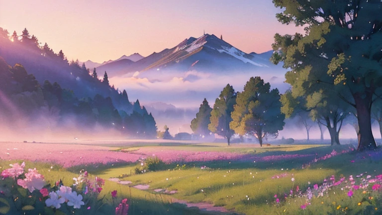 (highest quallity、high resolution、work of art)、(Art Anime 4K)、(photorrealistic)、((beautiful landscape photography))、((There is nobody))、cinema lighting、ray tracing、smooth light、Celtic landscape on a misty morning、Create a magical scene in a misty meadow on a calm morning、Draw delicate, blurred strokes、place々flowers bloom、(Sargent style watercolor)、(Edmundo Leighton style)、